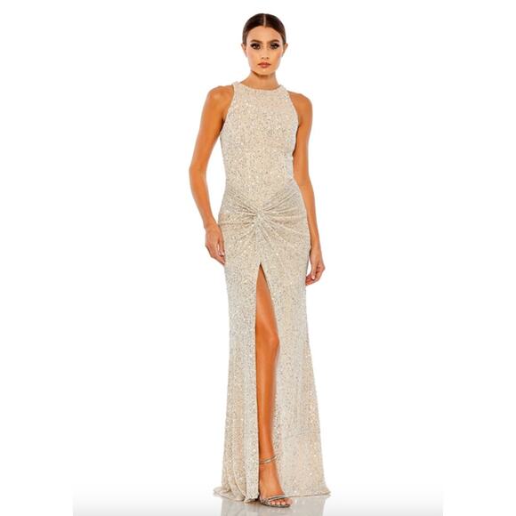 MAC DUGGAL Dress Size 18 Evening Gown Sequin Cream High Neck Side Knot NEW - Picture 1 of 8